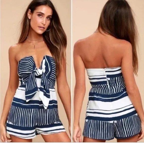Lulus Pants - Lulu's Blue and White Delphi Striped Tie Front Romper